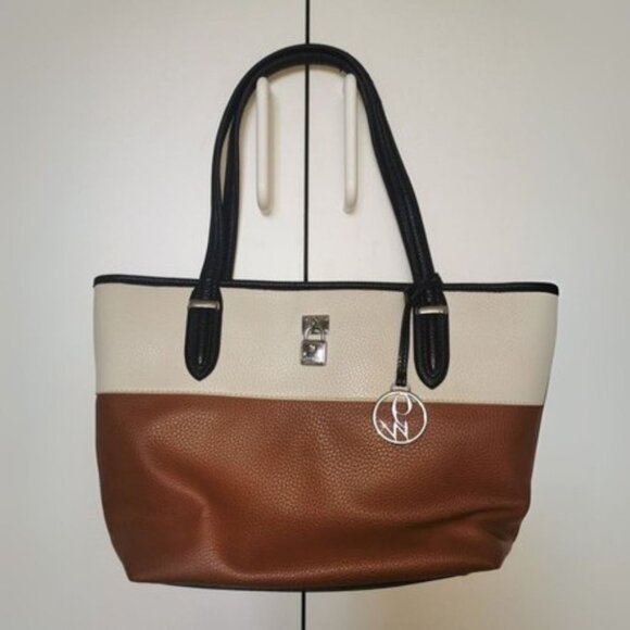 VTG Nine West Faux Leather Handbag Brown/White/Black - Picture 1 of 6